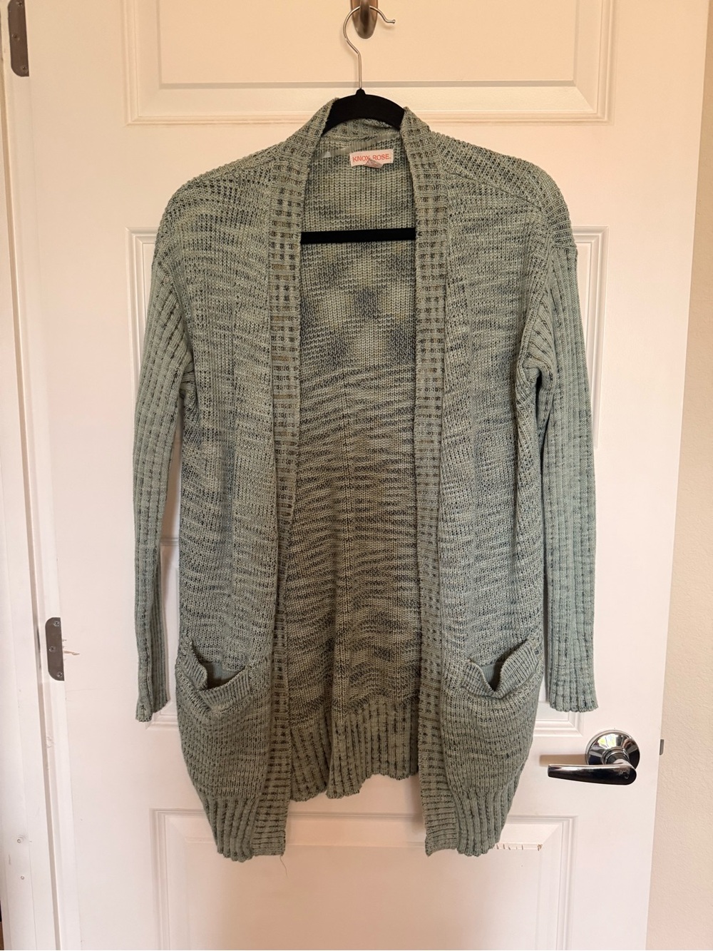 Knox Rose Open-Front Sage Green Knit Cardigan with Pockets